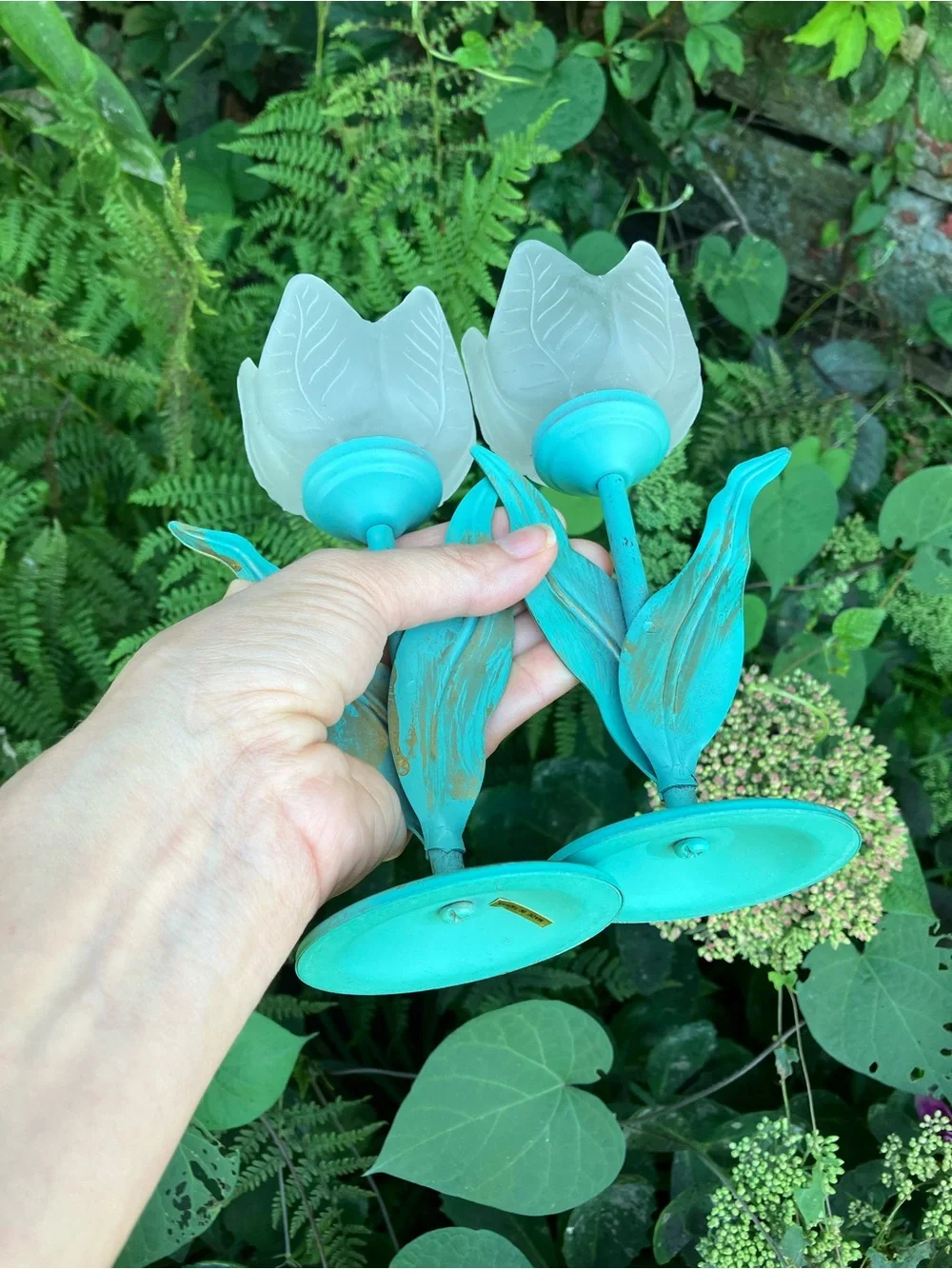 Vintage Pair of Frosted Glass Tulip Candle Holders w/ Turquoise Metal Stems